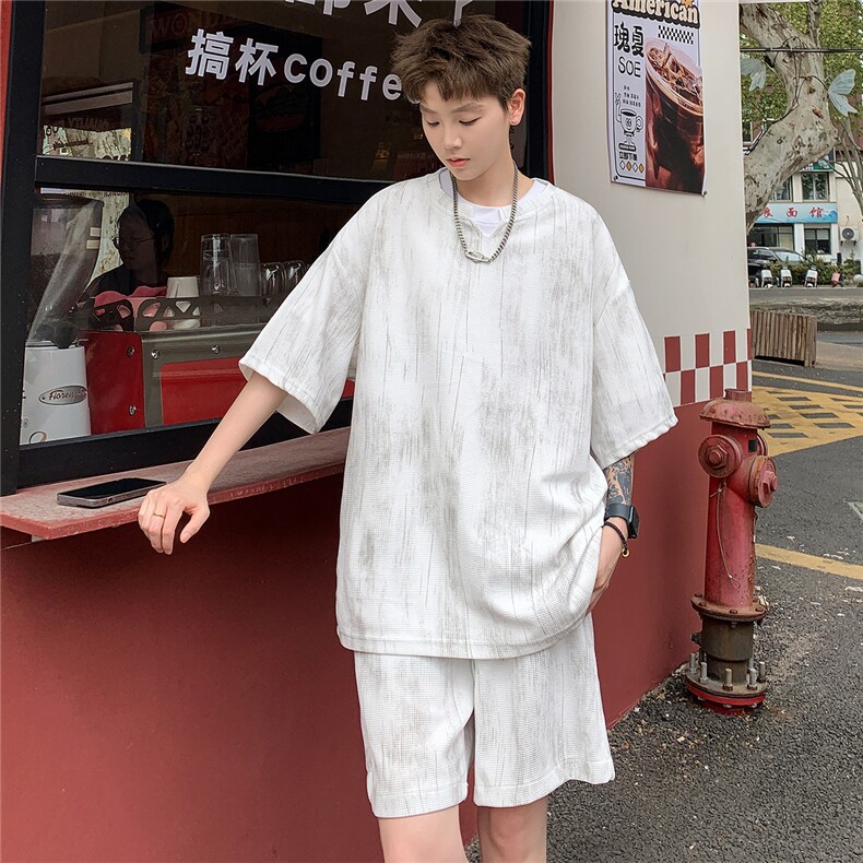 2026夏季新款扎染美式冰丝五分袖短裤套装潮流TZ5622/特P50白,男装牛仔裤,电商A094