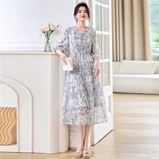 2026夏季新款花边系带真丝连衣裙时尚印染高端大气简约百搭裙子，女装连衣裙，阿舍尔精品