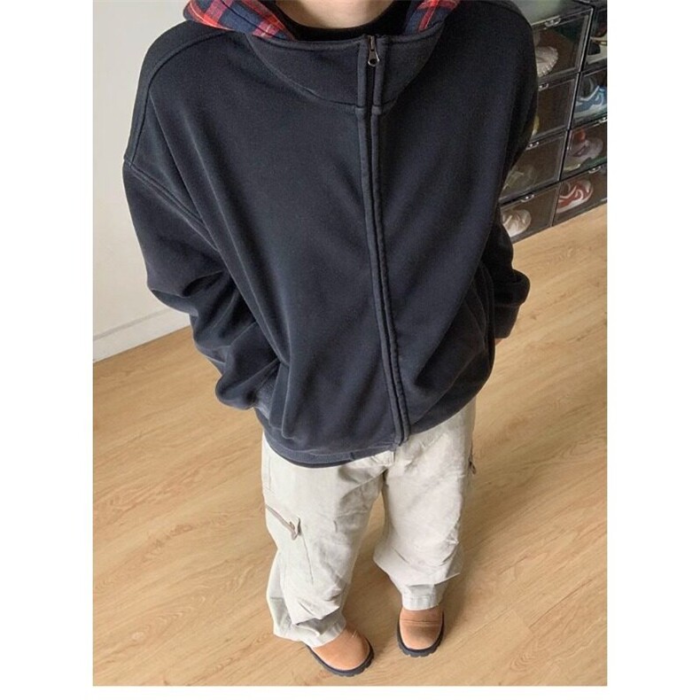 格子拼接连帽卫衣男女款复古潮牌美式高街假两件开衫cleanfit外套,男装卫衣,星座506A