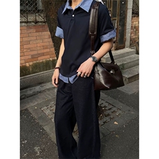 网图有货夏季美式藏青色假两件格子拼接polo领短袖男女A600-P40，男装T恤，星座1505