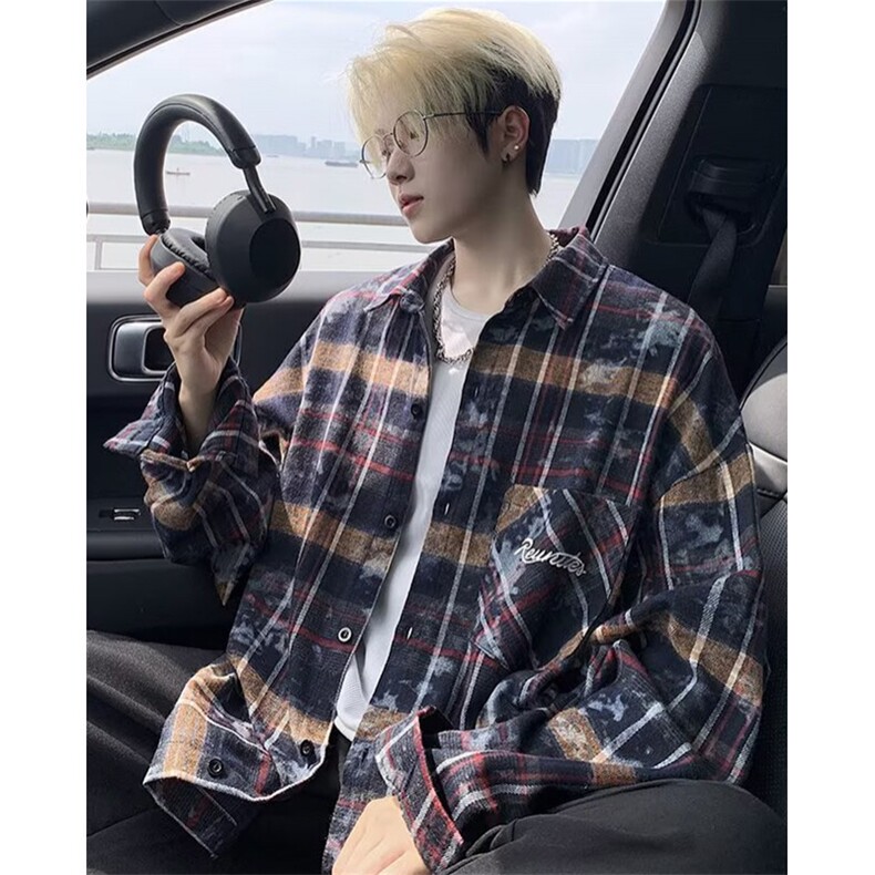 美式复古休闲格子衬衫男长袖衬衣高级感磨毛高街秋季外套C7013,男装衬衫,星座1116A（原606A-3）