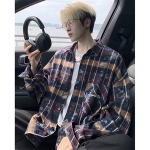 美式复古休闲格子衬衫男长袖衬衣高级感磨毛高街秋季外套 C7013图片