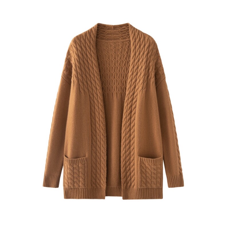 2025秋冬百搭时尚简约同款扭花大开衫针织衫，女装针织衫/毛衣，木淼羊绒