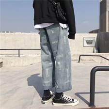 街头嘻哈潮牌牛仔裤港风复古宽松潮流男女直筒阔腿裤子NZK35-p38，男装牛仔裤，星座1008-2