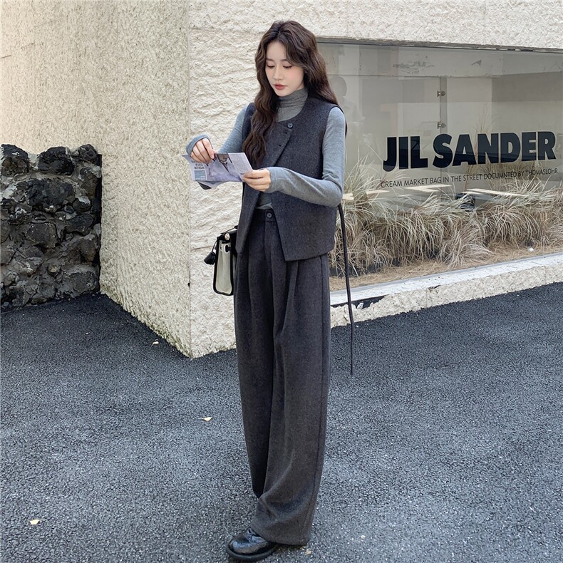 灰色韩系毛呢马甲阔腿裤打底衫三件套女秋冬2025新款chic气质套装,女装套装/套裙,2C111