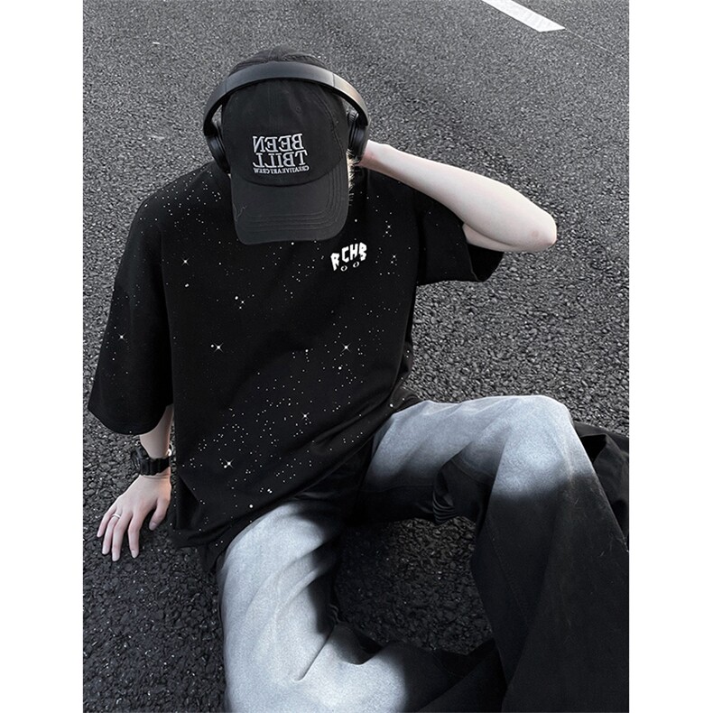 可48小时发货支持抖音得物来样二开美式满天星亮片短袖T恤MTX705,男装T恤,电商A486-1