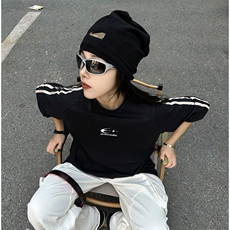 抖音得物高品质二开240克宽松纯棉美式潮牌三条杠织带短袖T恤，男装T恤，电商A486