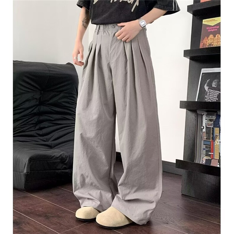 韩版直筒凉感弯刀西裤男士阔腿百搭阔腿褶皱设计感显瘦拖地休闲裤，男装西裤，星座506A