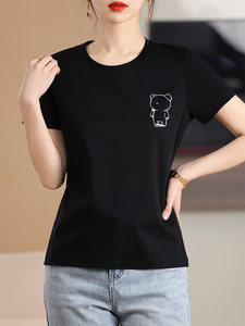 丝光棉烫钻烫画刺绣短袖t恤女夏季新款韩版宽松显瘦百搭圆领上衣图片