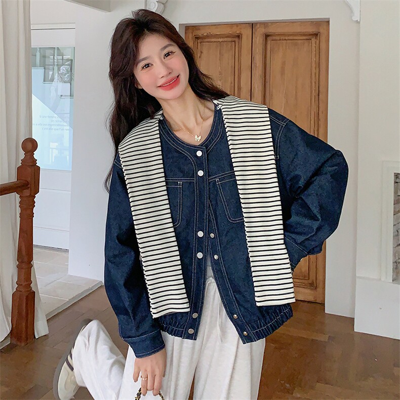 现货条纹披肩连帽牛仔外套女春秋2025新款203-8876-P155-K238,女装短外套,帛锦泉
