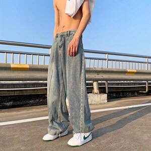 美式高街vibe风水洗做旧ins牛仔裤夏季宽松直筒阔腿裤男NK21-P45图片