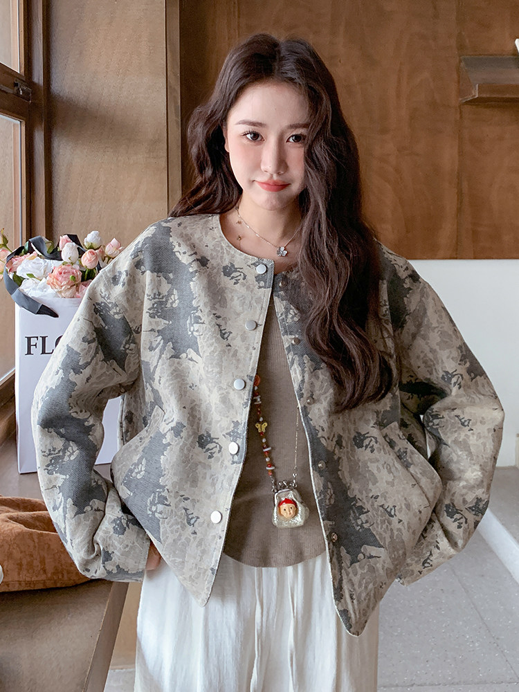 水墨画提花新中式外套女2025春季新款短小个子复古设计感小众上衣,女装短外套,慧尚依恋