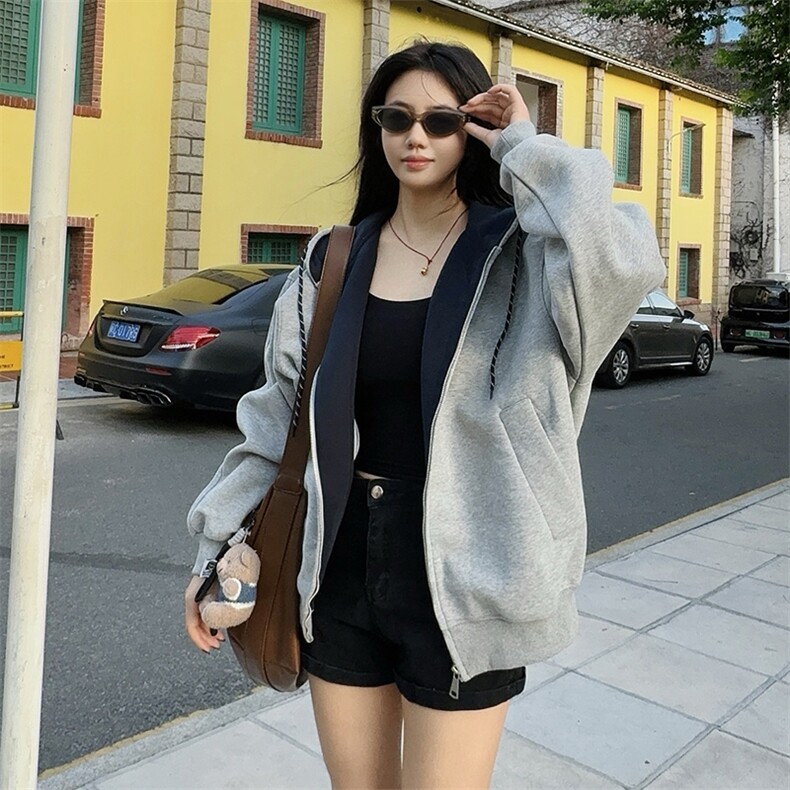 抖音得物二开美式高街重磅结构双层撞色连帽卫衣开衫外套W116,男装卫衣,电商A486