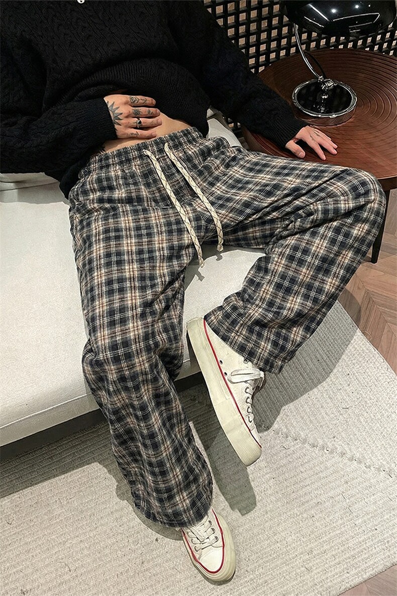 撞色格子休闲裤慵懒风松弛感春季直筒阔腿裤男C62206-TP3059,男装休闲裤,电商A102