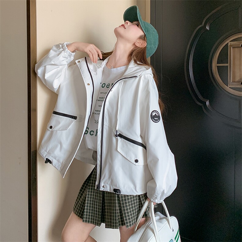 白色连帽工装短外套女春季2025年新款设计感小个子宽松休闲冲锋衣,女装短外套,浙宝192（原082）