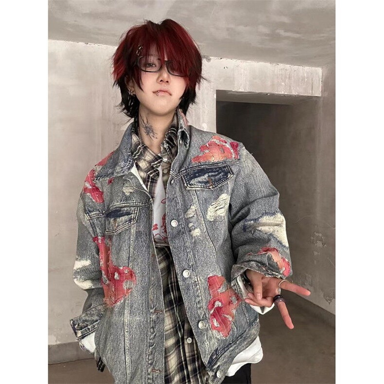 蕾丝火焰垫肩牛仔外套男女痞帅棒球服水洗复古工装夹克J35,男装夹克,星座1116A（原606A-3）