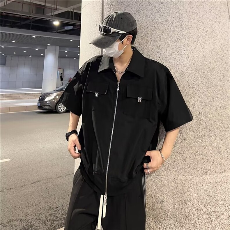 双拉链垫肩衬衫男短袖设计工装衬衣美式复古短款外套CY713-P43,男装衬衫,星座412-3