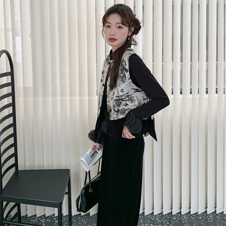 金丝绒新中式国风套装裙三件套女春秋高级感盐系绝美独特设计感,女装套装/套裙,2D078