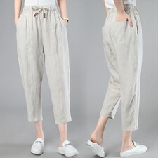 棉麻裤子女2024夏装新款亚麻松紧腰宽松萝卜裤抽绳九分妈妈小脚裤，女装休闲裤，江忆布依