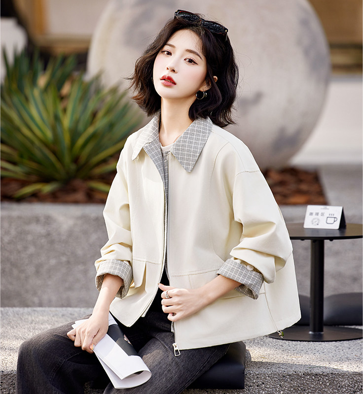 黄色美式复古格纹拼接假两件夹克女2025初春新款设计感休闲短外套,女装短外套,姿萝菲