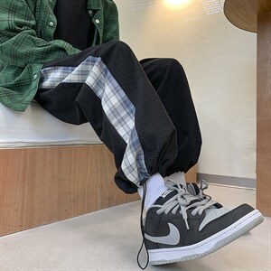 秋季玉米粒华夫格贴标抽绳格纹拼接休闲裤 XZ604-KP43-P55控68图片