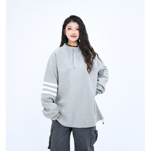 2025新款胸前徽章三条杠亨利领华夫格卫衣女春季休闲上衣通勤图片