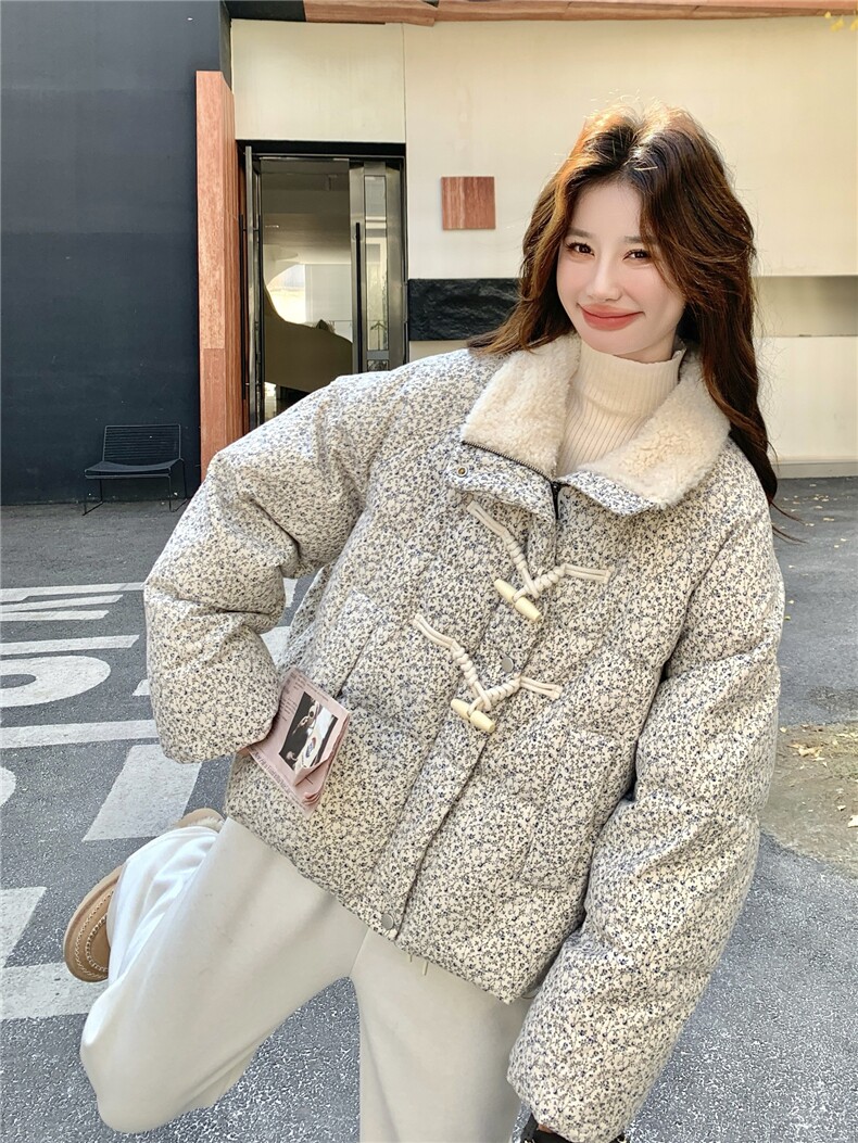 撞色短款小香风碎花羽绒服2025新款女冬独特漂亮毛绒领派克服外套,女装羽绒服,慧尚2-185