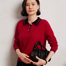 时尚撞色娃娃领套衫优雅显瘦10%毛衣，女装羊绒衫，臻维羊绒