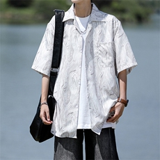 8XL-M冰丝古着感波浪纹短袖衬衫男宽松休闲沙滩古巴领衬衣CS528，男装衬衫，电商D206-1