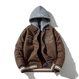 现货三色字母PU皮棒球服外套秋冬棉服带帽可拆卸