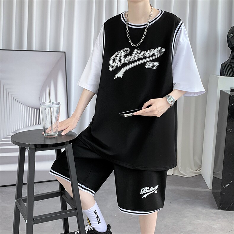新款夏季短袖T恤套装青少年纯棉篮球服潮流两件套男装F312P60控89图片