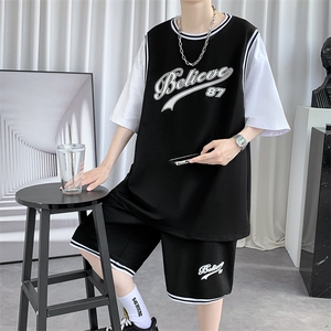 新款夏季短袖T恤套装青少年纯棉篮球服潮流两件套男装F312P60控89图片