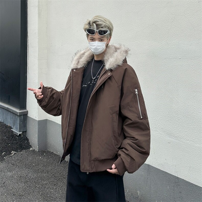美拉德毛领棉服男女冬季美式复古短款加厚夹棉连帽外套HY773/P115,男装棉衣,星座506