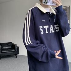 美式复古Polo领卫衣大码秋季重磅刺绣条纹上衣撞色外套WY5113/P65，女装短外套，电商B238