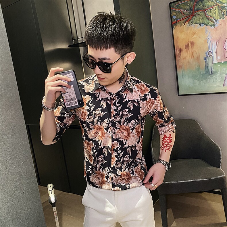 312A-109-P55新款社会小伙中袖衬衫韩版潮流男士五分袖衬衣B,男装T恤,星座312A-5