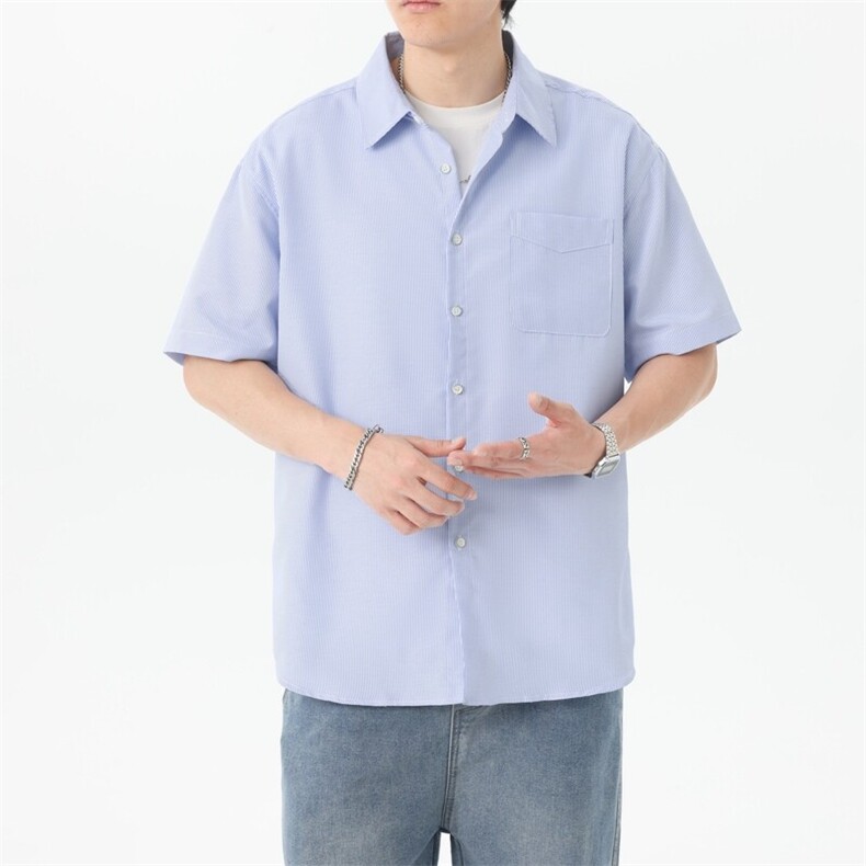 GENIOLAMODE夏季日系竖状条纹短袖衬衫男2025新款复古宽松休闲潮图片