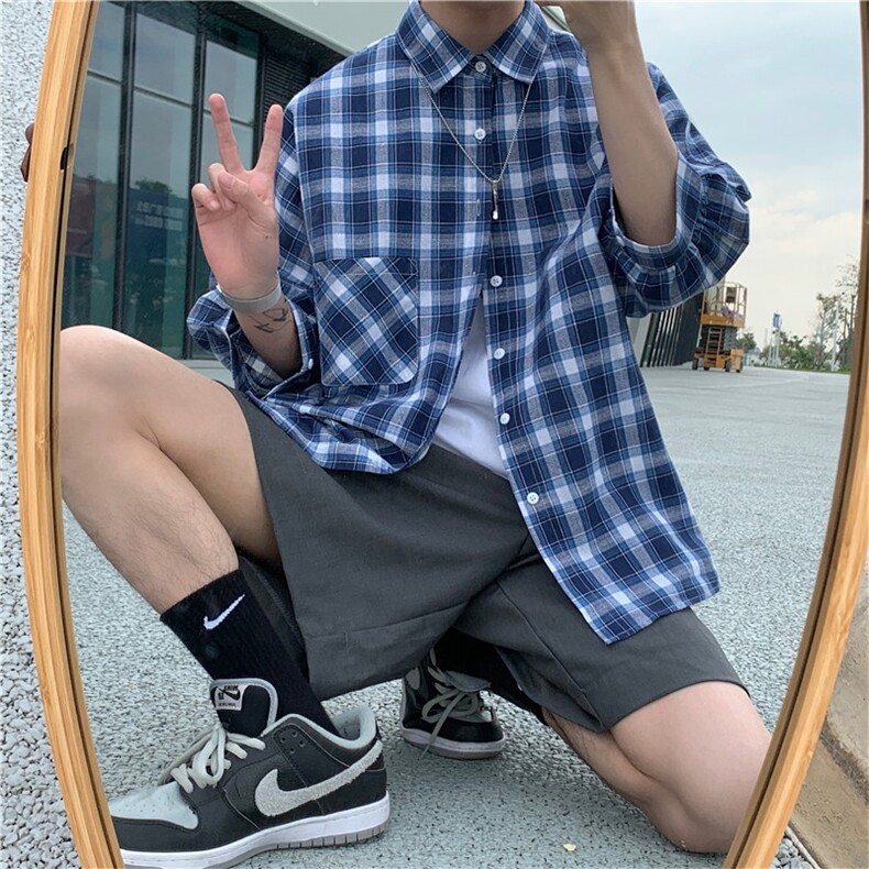 港风短袖衬衣七分袖格子衬衫D325C25P40,男装T恤,电商D325