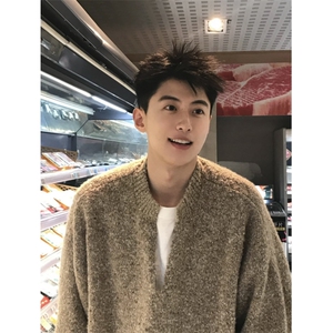濮院针织燕麦毛衣V领亨利领毛衣宽松慵懒男美式针织衫LF92 P75图片