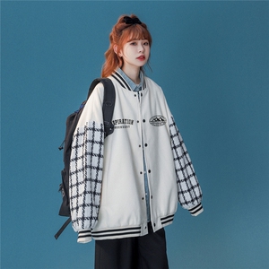 中性风 棋盘格拼接设计感排扣棒球服宽松夹克外套- G702 p85控98图片
