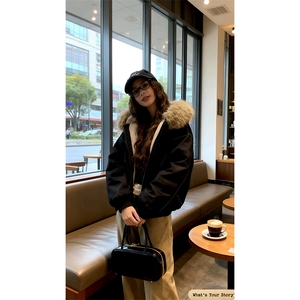 现货重磅boxy短款棉衣座山雕大毛毛领男女棉服水洗工装厚外套图片