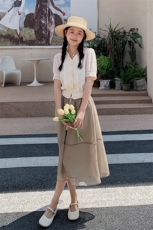 夏季港风小众设计V领提花上衣半身裙两件套女夏新款宽松休闲套装，女装套装/套裙，一九零