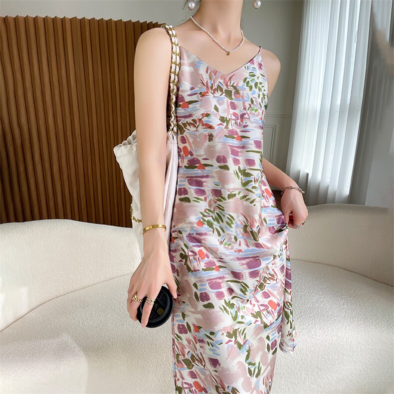 连衣裙女夏季白色花卉吊带长裙性感大码2025新款夏季醋酸缎面裙子,女装连衣裙,朝贺羊绒
