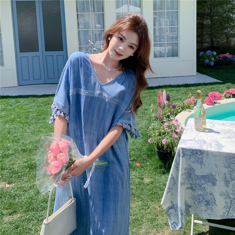 法式超火浪漫蓝色连衣裙女夏2025新款海边度假超好看长裙洋气绝美图片