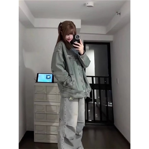 F4006-P64 美式复古水洗做旧绿色牛仔外套秋季小众欧美高街图片