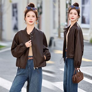 机车风立领PU皮衣女短款紫色宽松休闲小个子夹克外套图片