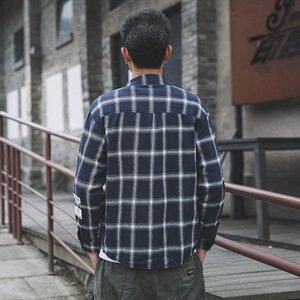 2021春季外景日系大码男休闲格子宽松纽扣翻领衬衫C503-P45图片