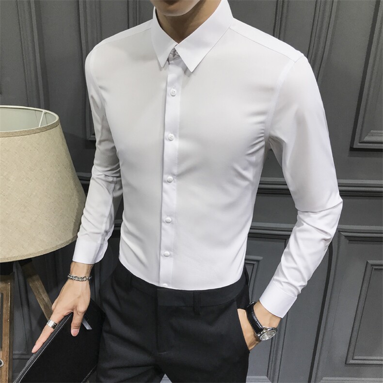 白色纯色衬衫男翻领修身衬衣 C601-P30图片
