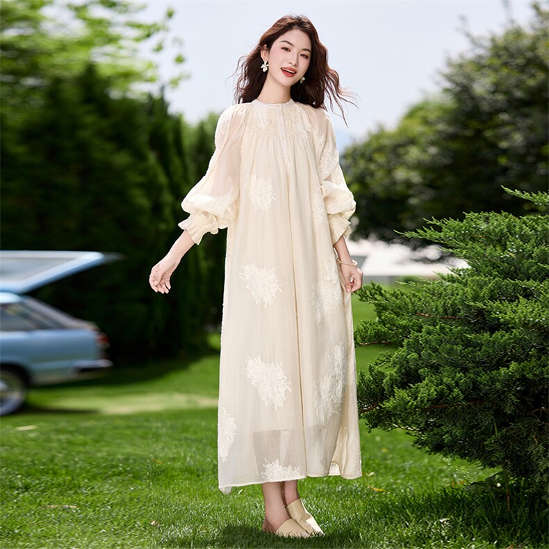 韩系夏季假日超出片仙女裙氛围感宽松版重工刺绣洋气防晒长裙女,女装连衣裙,宝儿家