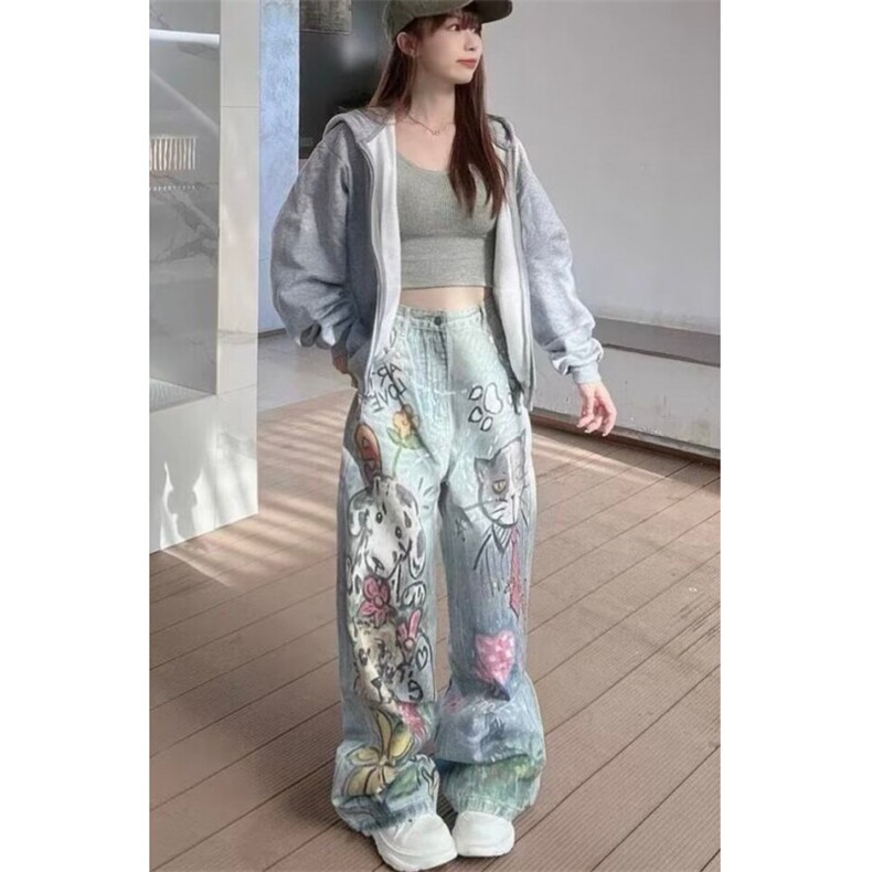 趣味猫狗手绘涂鸦牛仔裤女春秋新款高腰宽松直筒阔腿裤子N9526,男装牛仔裤,星座1116A（原606A-3）