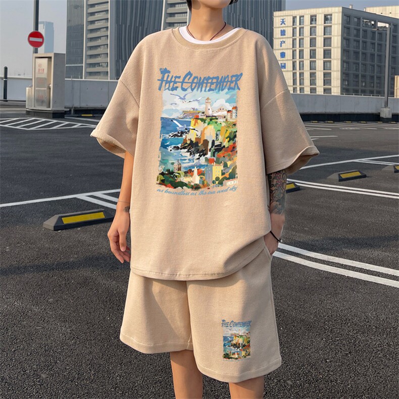 ！2025夏季新款男士华夫格短袖T恤套装学生一套HTZ105P50,男装T恤,电商B220